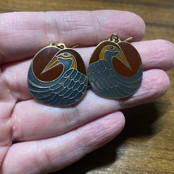 Vintage Laurel Burch Cloisonné Gold NILE BIRD Drop Earrings - Picture 1 of 3